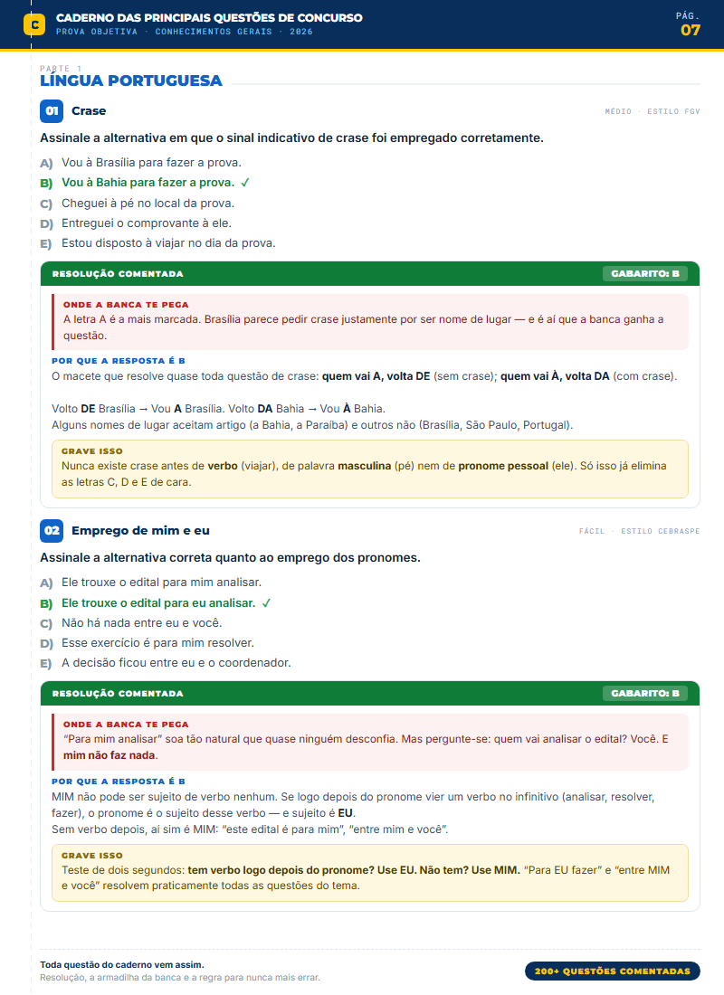 Página do caderno com questão de crase comentada
