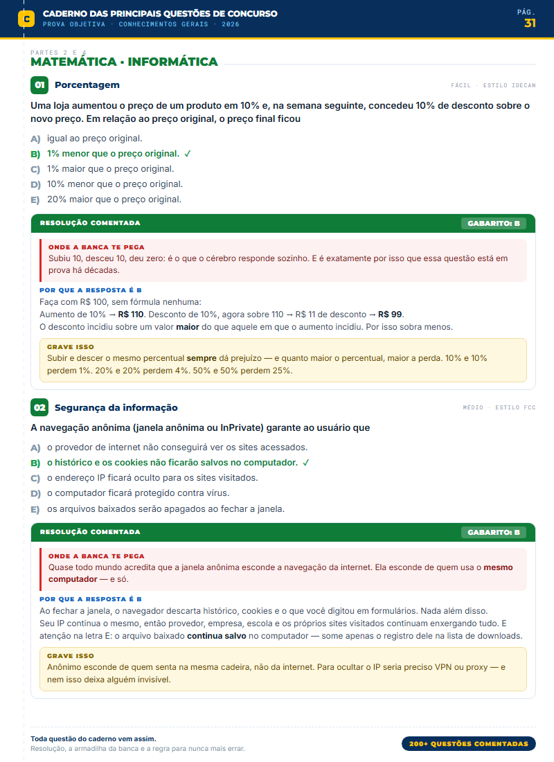 Página do caderno com questões de Matemática e Informática comentadas